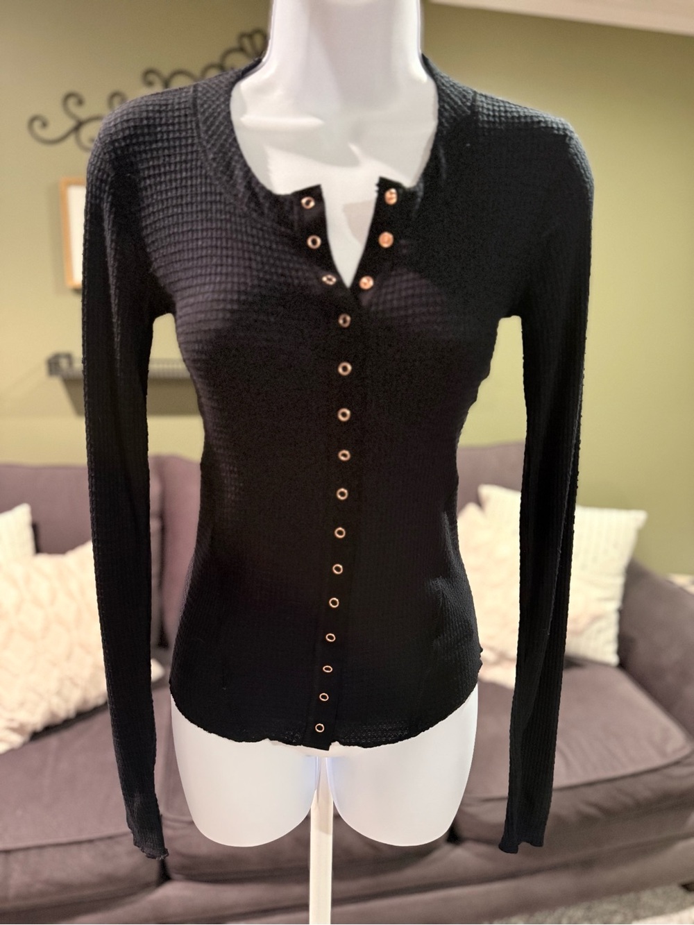 Free People Black Waffle Henley Top